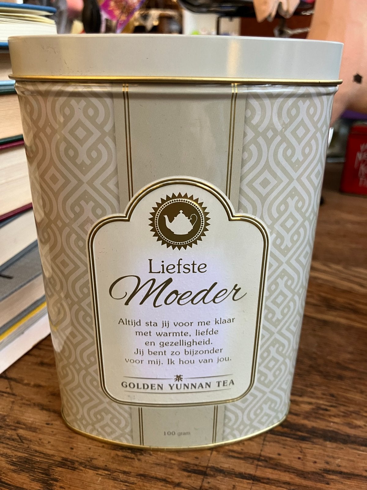 Vintage theeblik 'Liefste Moeder' Golden Yunnan Tea, Ophalen of Verzenden, Gebruikt