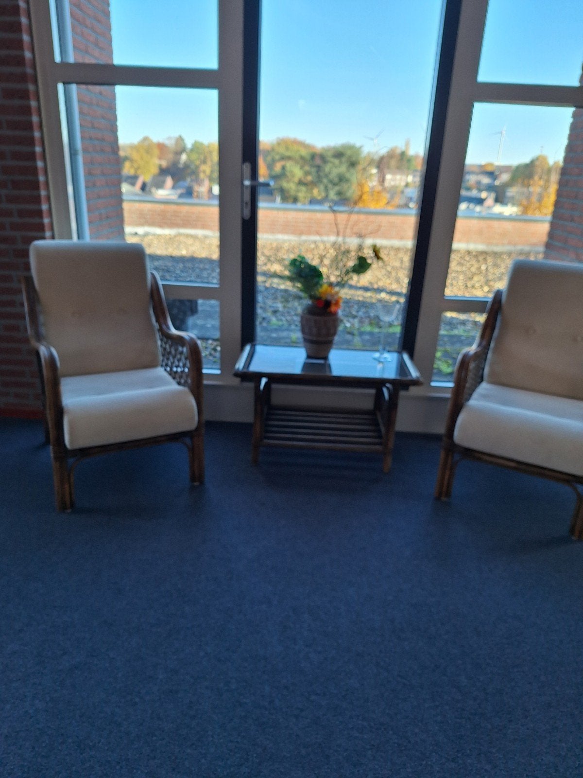 Set van 2 rotan stoelen met kussens en bijzettafel, Huis en Inrichting, Stoelen, Gebruikt, Twee, Riet of Rotan, Stof, Overige kleuren