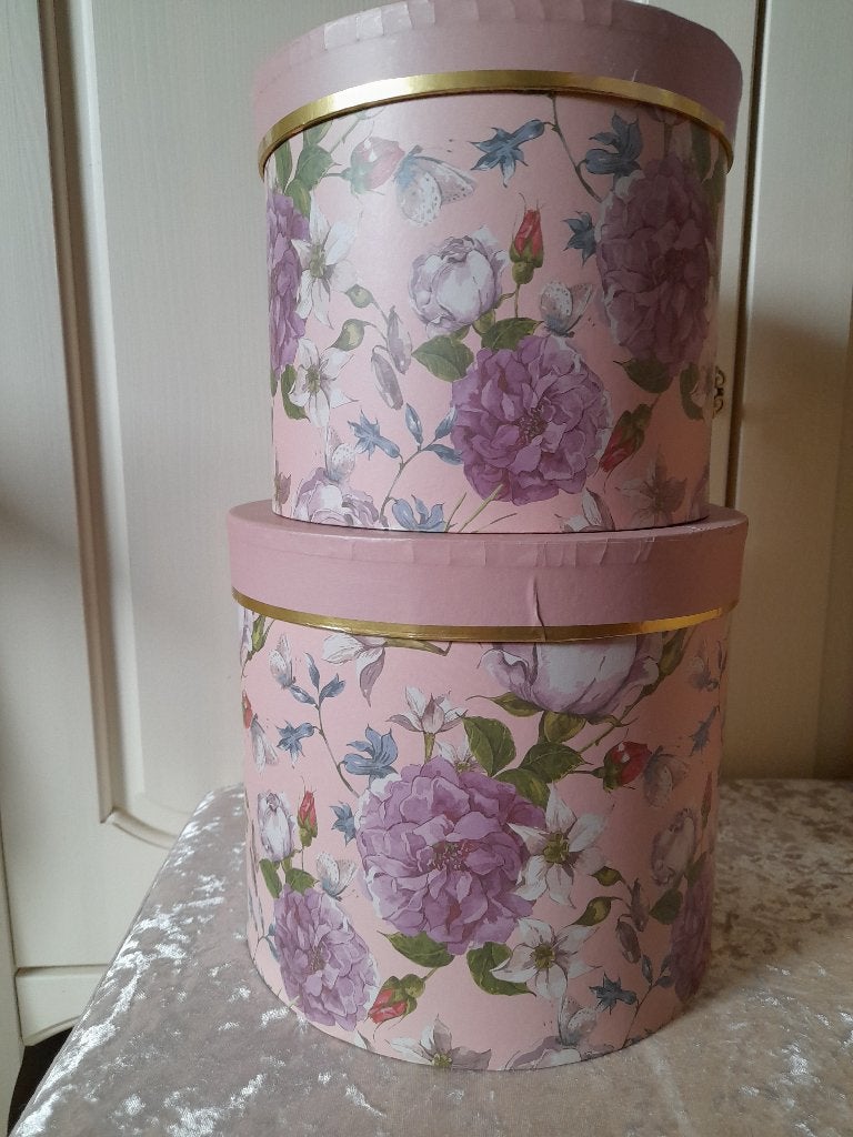 Hoedendoos set van 2 Clayre en Eef oudroze bloemen, Vintage, Roze, Ophalen of Verzenden, Zo goed als nieuw