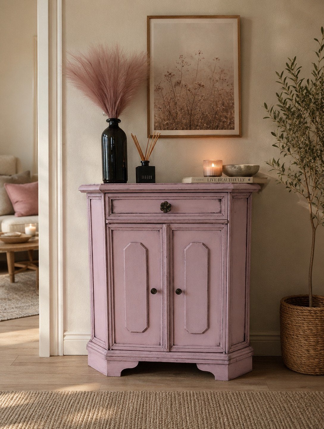 Sfeervol oudroze vintage halkastje / bijzetkastje, Huis en Inrichting, Kasten | Ladekasten, Ophalen, 1 of 2 laden, 50 tot 100 cm