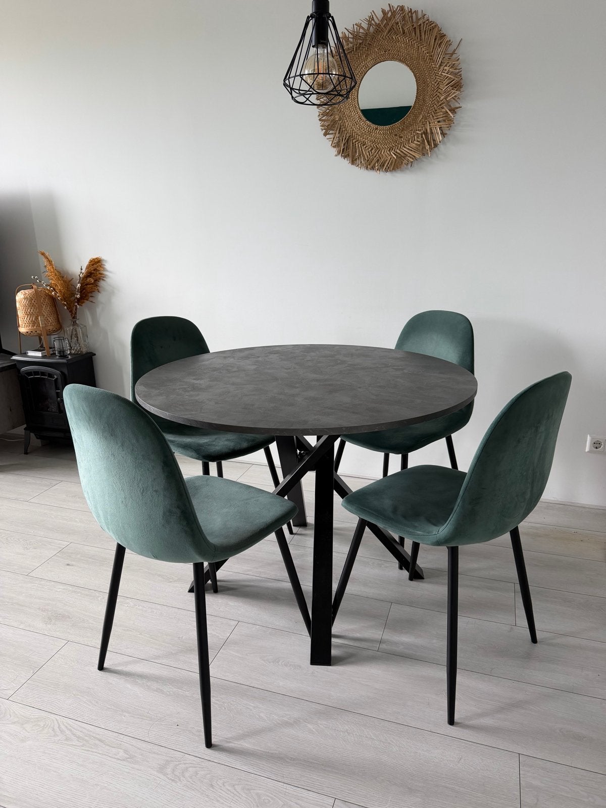 Moderne ronde eettafel met 4 stoelen, Huis en Inrichting, Tafels | Eettafels, Ophalen, 100 tot 150 cm, Rond, Zo goed als nieuw