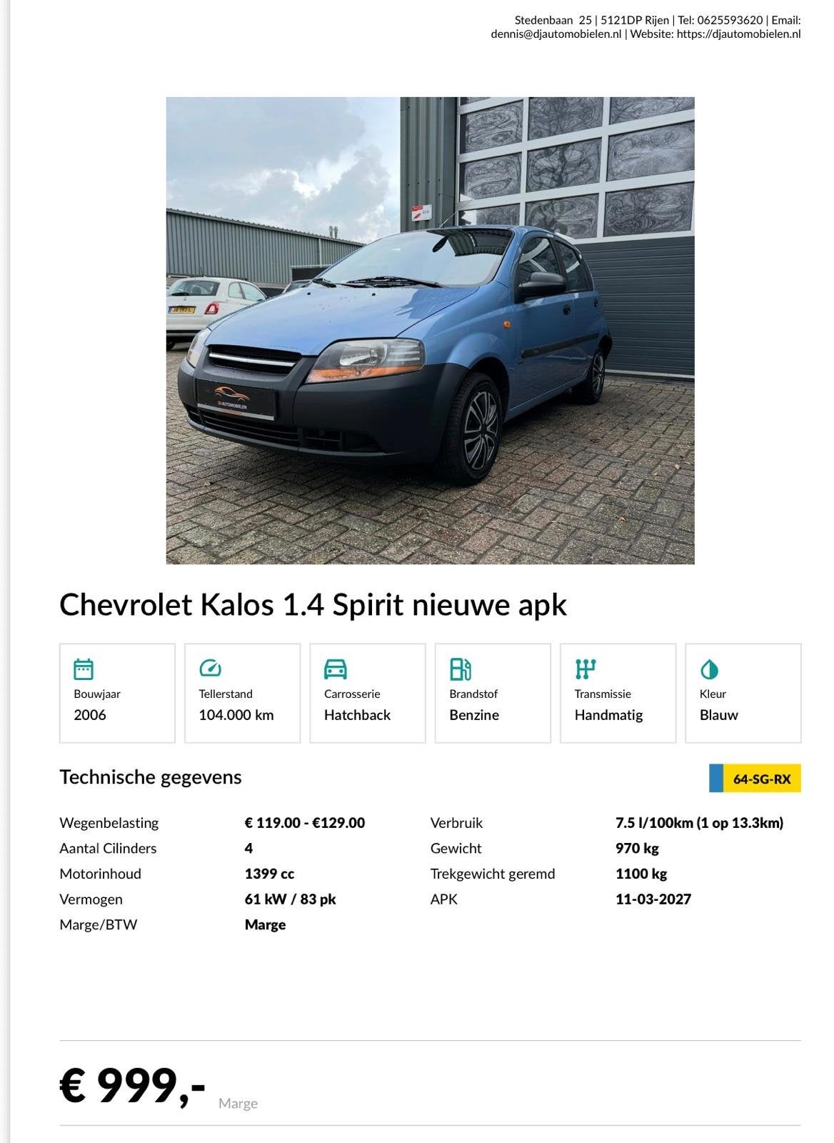 Chevrolet Kalos 1.4 2006 Blauw, Auto's, Chevrolet, 40 €/maand, 4 cilinders, Origineel Nederlands, Bedrijf