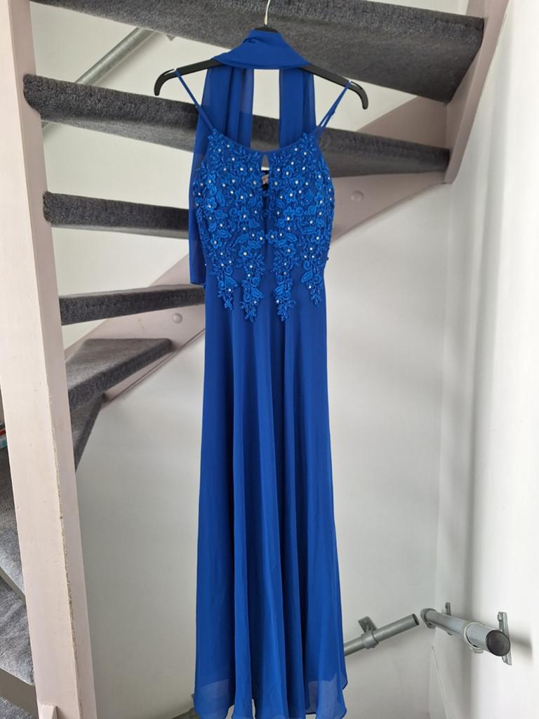 Elegante blauwe avondjurk met borduursels - Maat L/XL, Blauw, Maat 46/48 (XL) of groter, Ophalen of Verzenden, Onbekend