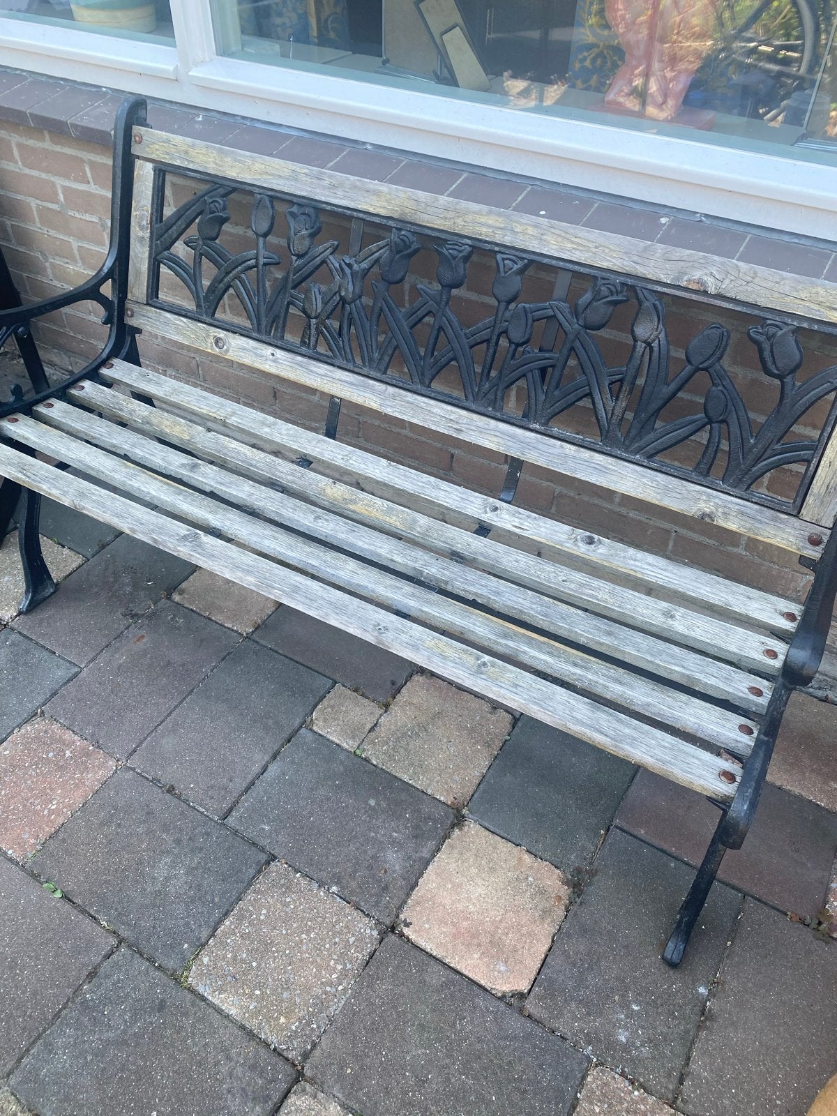 Vintage Tuinbank met gietijzeren frame en houten latten, Tuin en Terras, Tuinbanken, Ophalen, Gebruikt, Hout