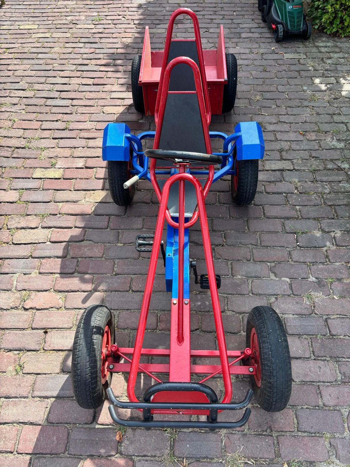 Blauwe skelter met rode aanhanger en duozit, Ophalen, Gebruikt, Overige merken, Duozit