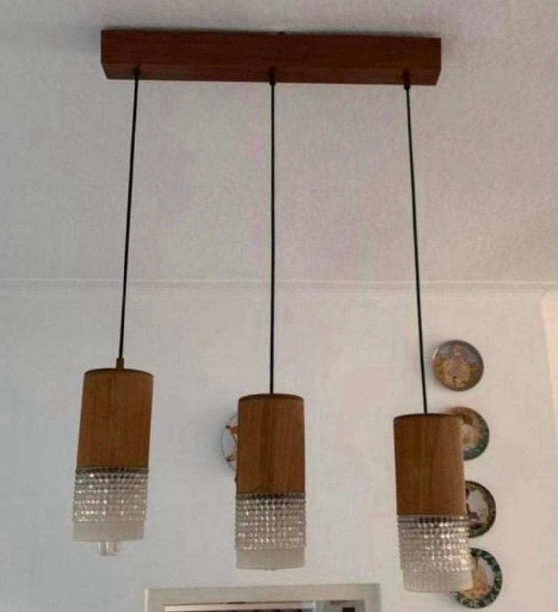 Lamp vintage mooie drie kelken glazen hanglamp jaren 60., Ophalen of Verzenden