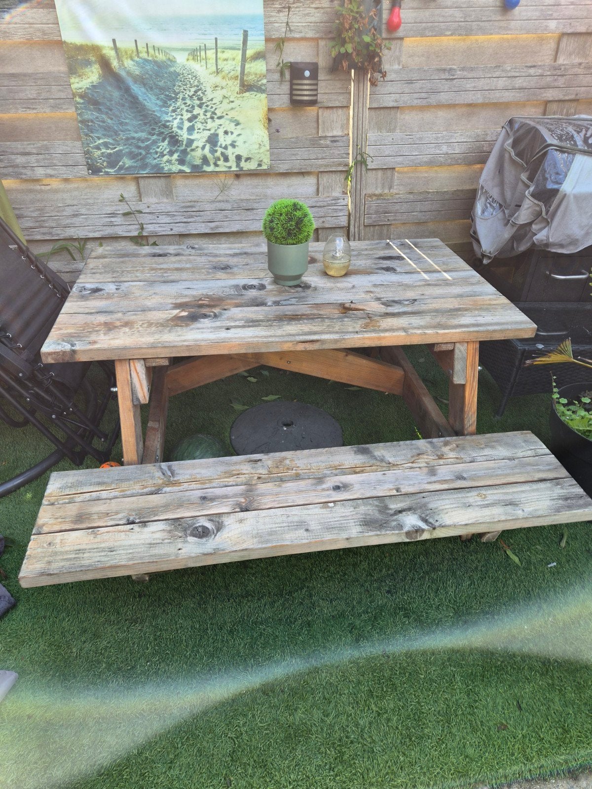 Robuuste houten picknicktafel voor buiten, Tuin en Terras, Ophalen, Gebruikt, Rechthoekig, Hout