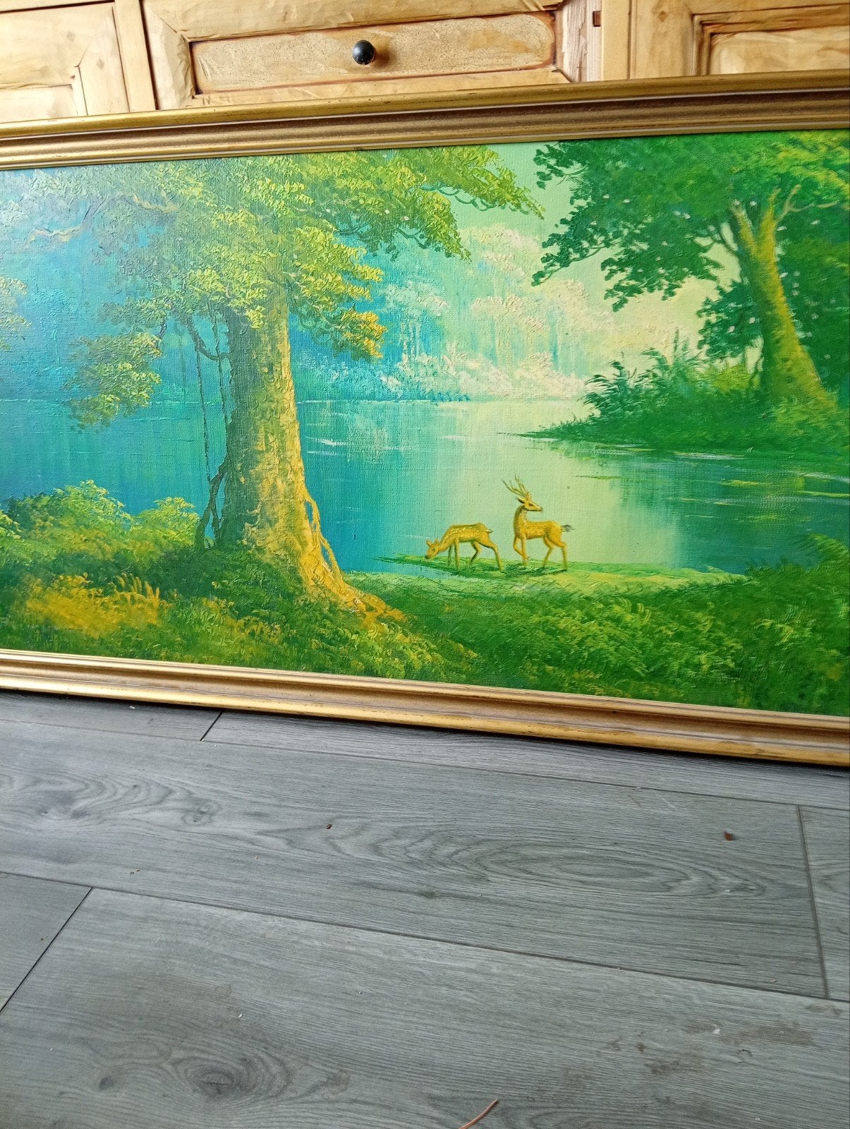 Schilderij met herten aan het water, Ingelijst, Doek, Realistisch, Dieren