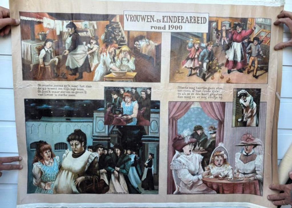 Oude schoolposter vrouwen en kinderarbeid, Antiek en Kunst, Antiek | Schoolplaten, Ophalen