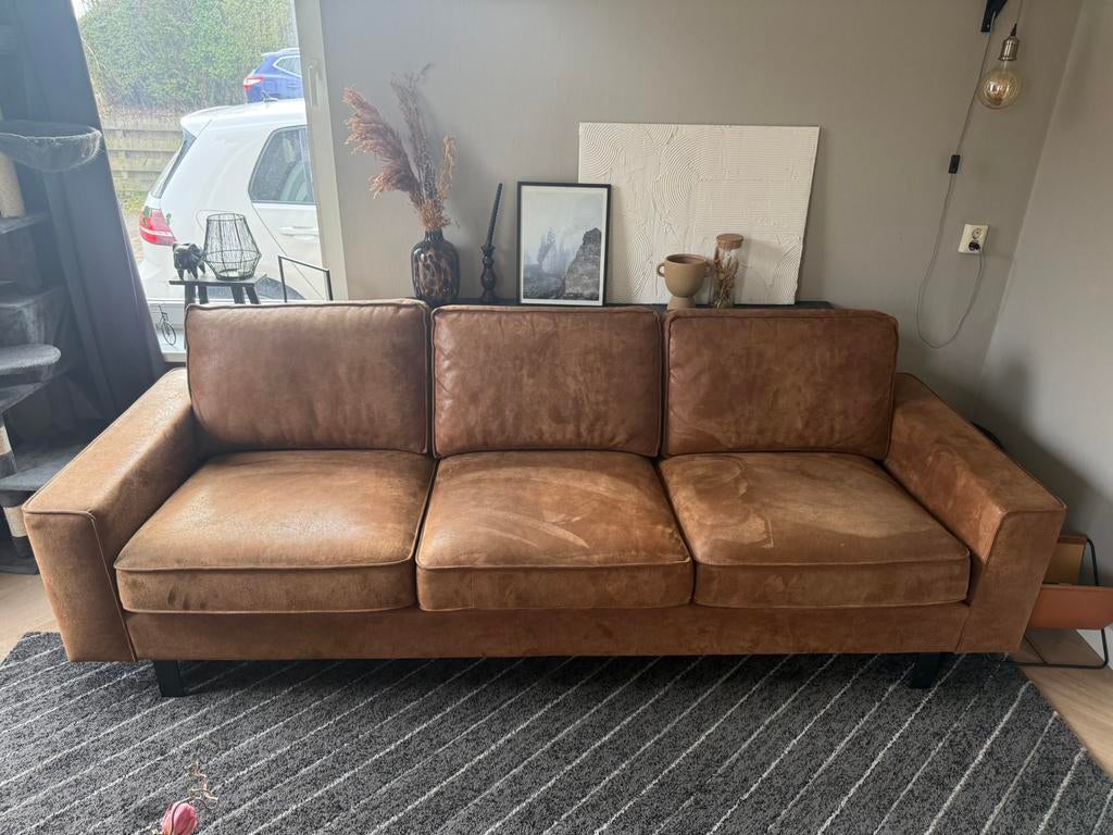 Stoere 3 zits bank cognac industrieel, Ophalen, Zo goed als nieuw, Stof