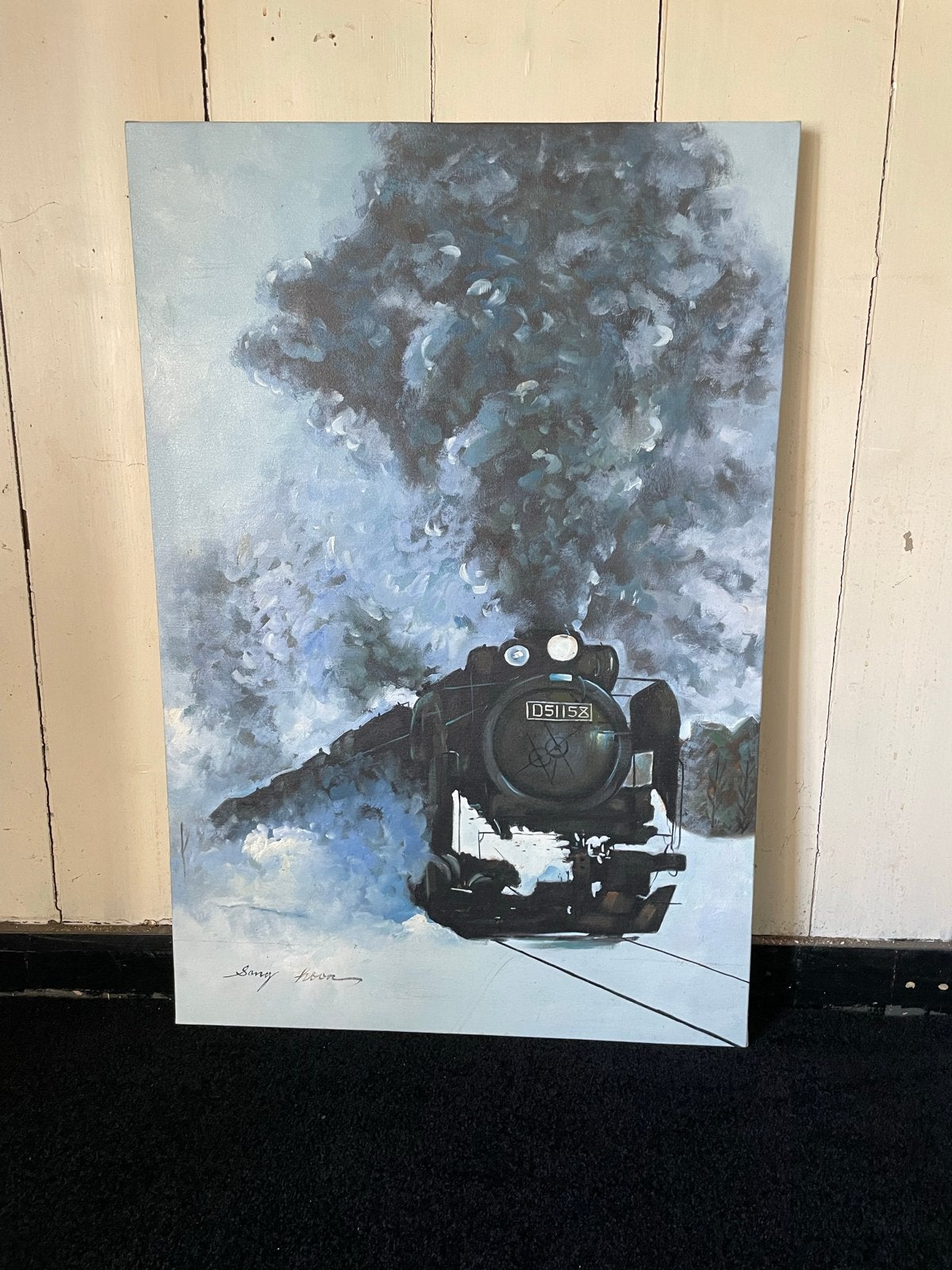 Schilderij stoomlocomotief uit het Verre Oosten, 45x90cm, Antiek en Kunst, Kunst | Schilderijen | Klassiek, Ophalen, Doek, Realistisch