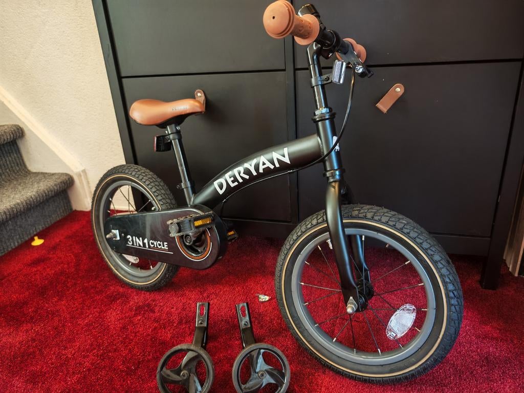 Deryan Luxe Kinderfiets 12 inch - 3 in 1 - loopfiets - Zwart, Fietsen en Brommers, Fietsen | Kinderfietsjes, Ophalen, Minder dan 16 inch