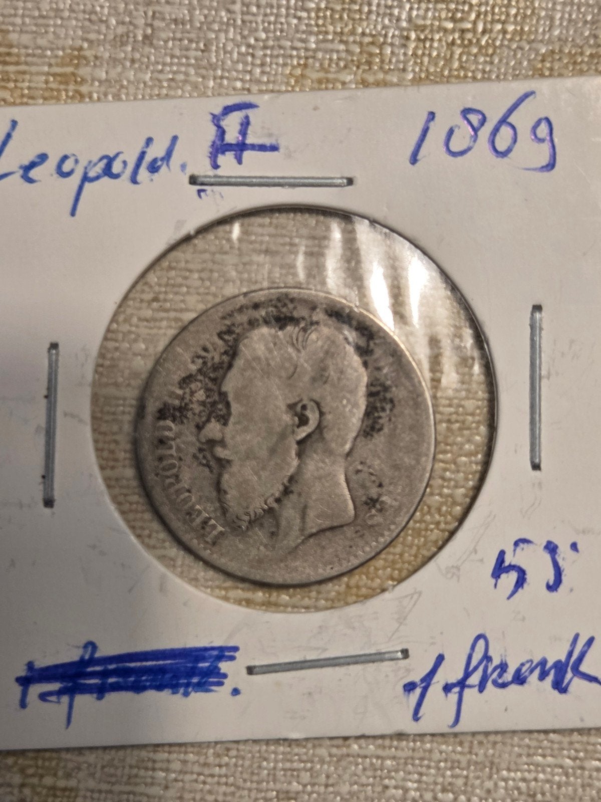 munt Leopold II, 1 frank, 1869, Postzegels en Munten, Ophalen of Verzenden, Zilver, Losse munt