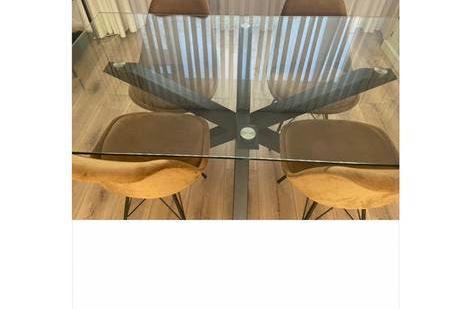 Eettafel glas met stalen poot, Ophalen, 50 tot 100 cm, 150 tot 200 cm, Rechthoekig