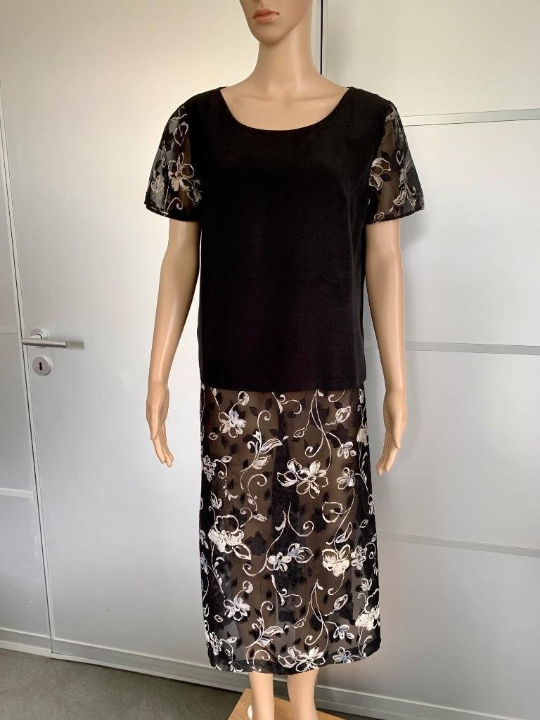 E408 Set 3-dlg: rok+top+blouse: maat 40=M zwart/beige/grijs, Maat 38/40 (M), Zwart, Ophalen of Verzenden, Onder de knie