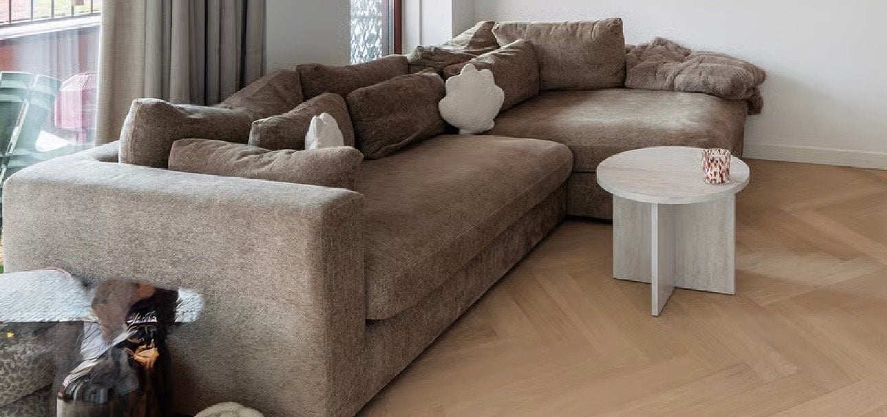 Karwei Hoekbank Max Latte, Huis en Inrichting, Banken | Bankstellen, Ophalen, 250 tot 300 cm, Gebruikt, Hoekbank