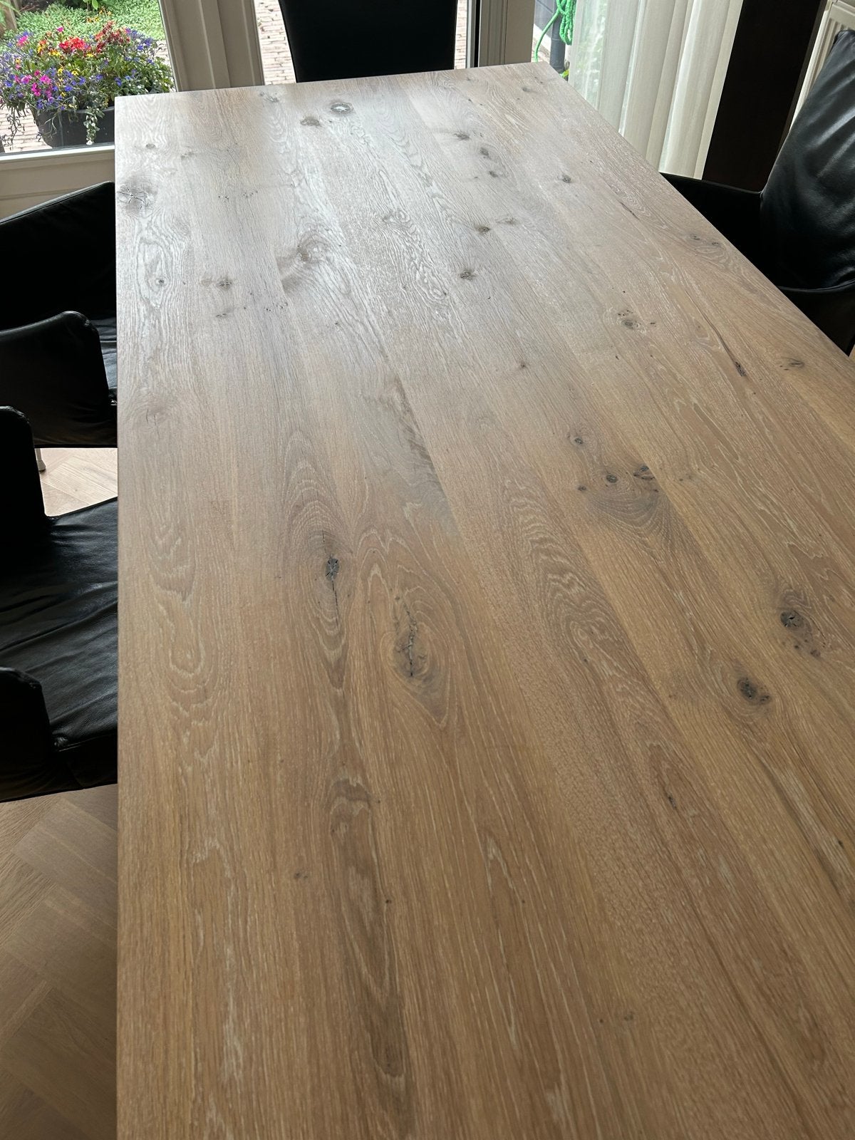 Massief eiken eettafel met rvs onderstel, 220x100cm, Ophalen, Gebruikt, 100 tot 150 cm, Eikenhout