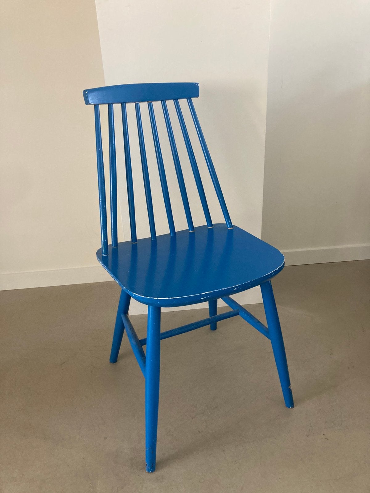 Vintage spijlen stoeltje blauw, Huis en Inrichting, Ophalen, Gebruikt, Blauw, Retro vintage