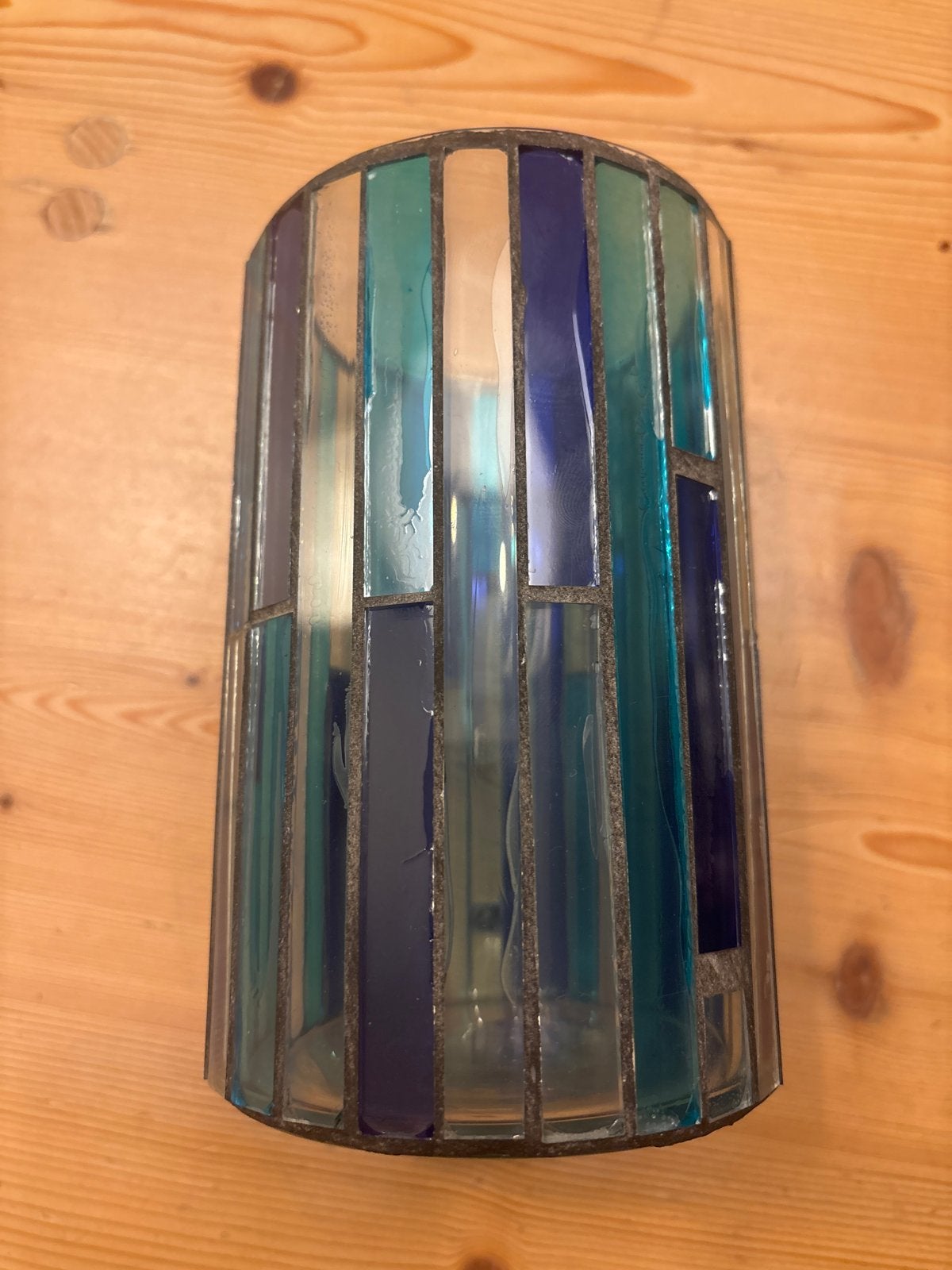 Glas in lood windlicht/vaas in blauw- en groentinten, Ophalen of Verzenden