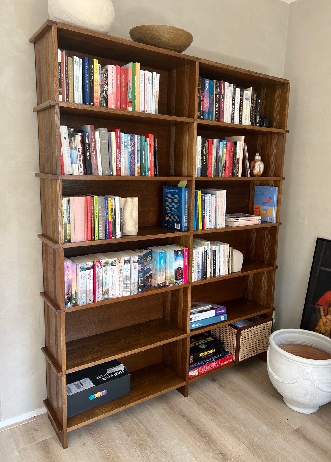 Massief Eiken boekenkast - Reens’ pattent schakelmeubel, Ophalen, 200 cm of meer, 150 tot 200 cm, Zo goed als nieuw