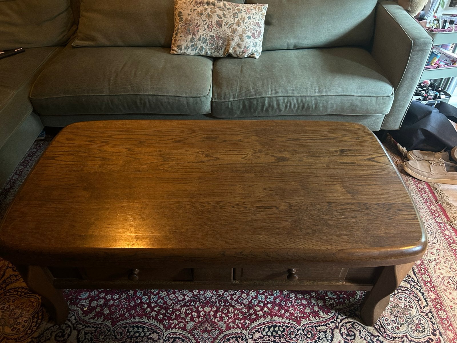 Massief eikenhouten salontafel met lades, Huis en Inrichting, Ophalen, Gebruikt, 100 tot 150 cm, Eikenhout
