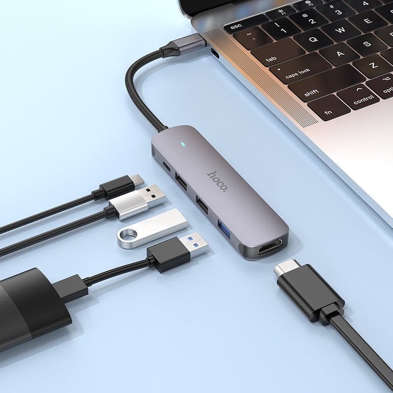 Hoco USB-C Multiport Hub (HDMI / USB-A / USB-C) - z.g.a.n., Computers en Software, Dockingstations, Zo goed als nieuw, USB-hub