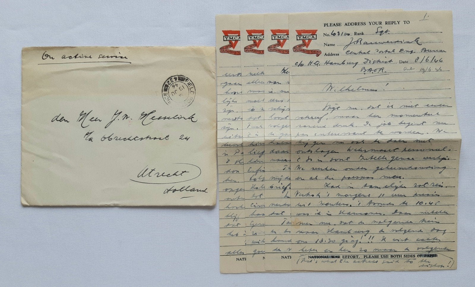 Veldpost J Rauwerdink vanuit Hamburg Army Rhine Baor Y.M.C.A, Verzamelen, Ophalen of Verzenden, Amerika, Embleem of Badge