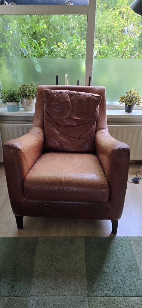 Leren fauteuil bruin Granada Savannah (cognac), Ophalen, 75 tot 100 cm, 50 tot 75 cm, Gebruikt
