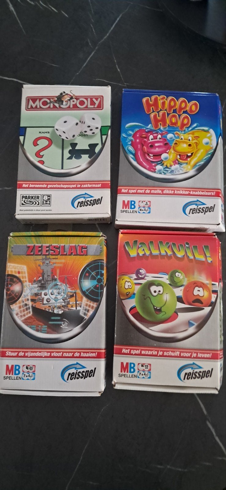4 leuke reisspellen: Zeeslag, Monopoly, Valkuil!, Hippo Hop, Gebruikt, MB Spellen / Parker, Ophalen of Verzenden, Een of twee spelers