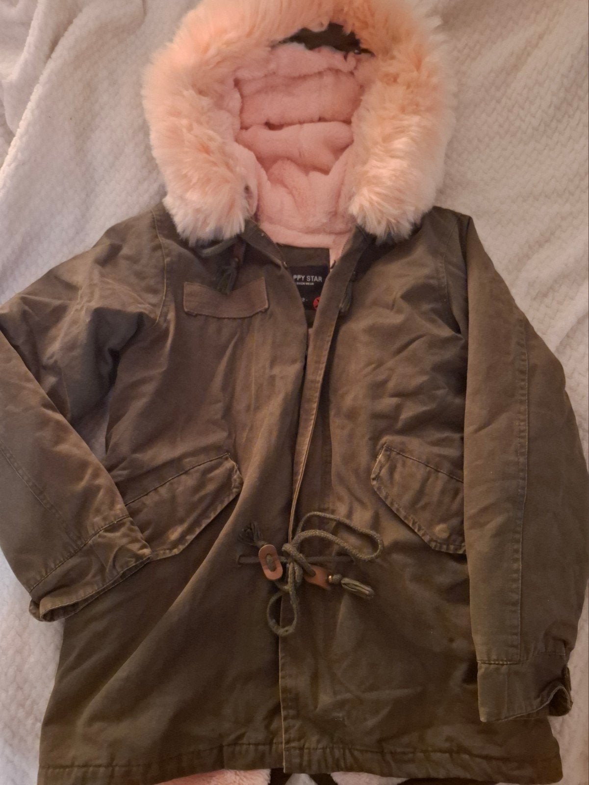Legergroene winterjas met roze uitneembare voering - Maat S, Ophalen of Verzenden, Zo goed als nieuw, Maat 38/40 (M), Roze