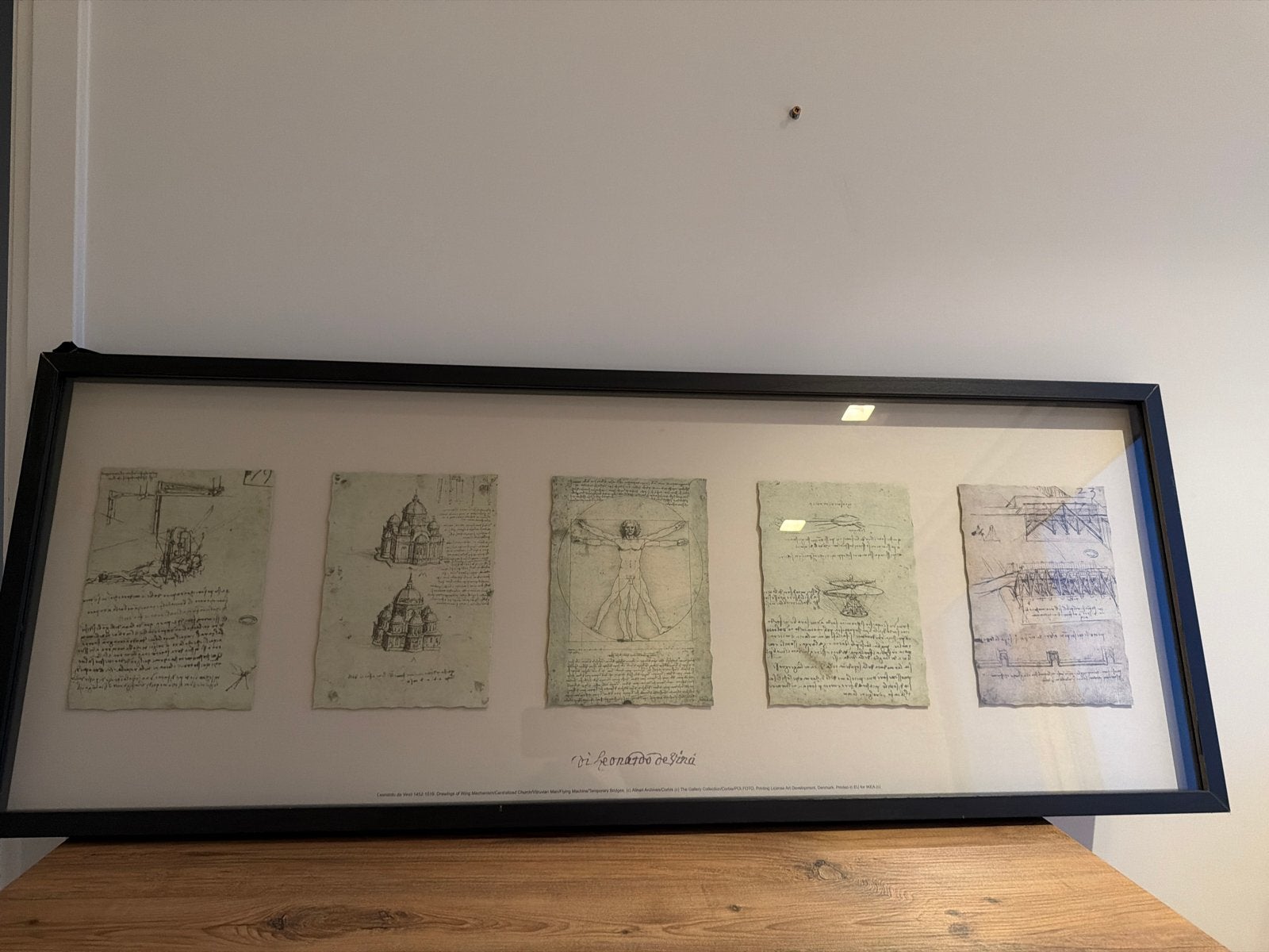 Ingelijste reproducties van Leonardo da Vinci schetsen, Antiek en Kunst, Ophalen, Reproductie, Print/reproductie, Achter glas