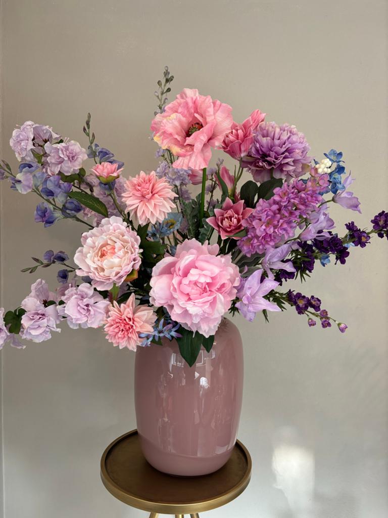 Prachtig Bloemstuk Zijden Bloemen in Roze Vaas, Ophalen of Verzenden, Zo goed als nieuw