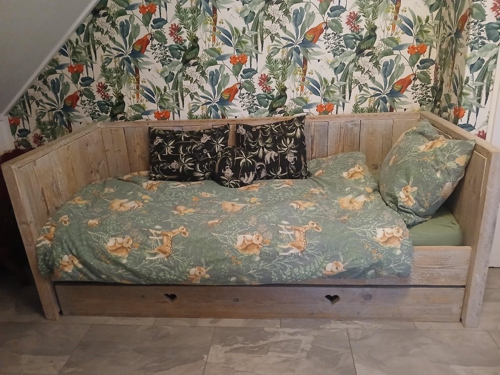Bed van steigerhout met onderlade, Ophalen, Gebruikt, Stoer, Steigerhout