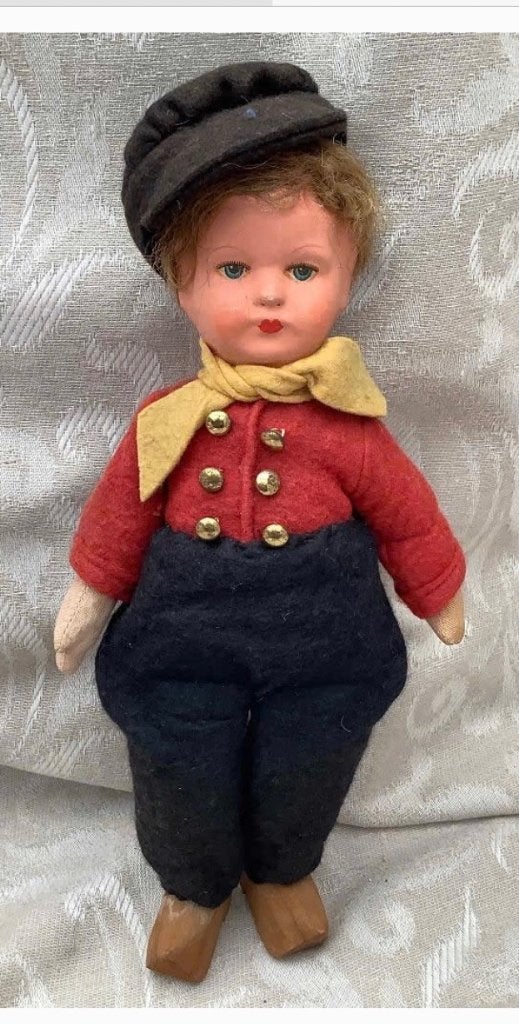 Antiek oud boertje pop, klompjes, stoffen lijfje, 28 cm, Verzamelen, Poppen, Gebruikt, Ophalen of Verzenden, X, Pop