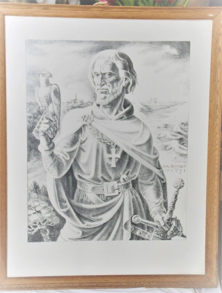 Een Litho van een ridder met wapens, Ophalen of Verzenden
