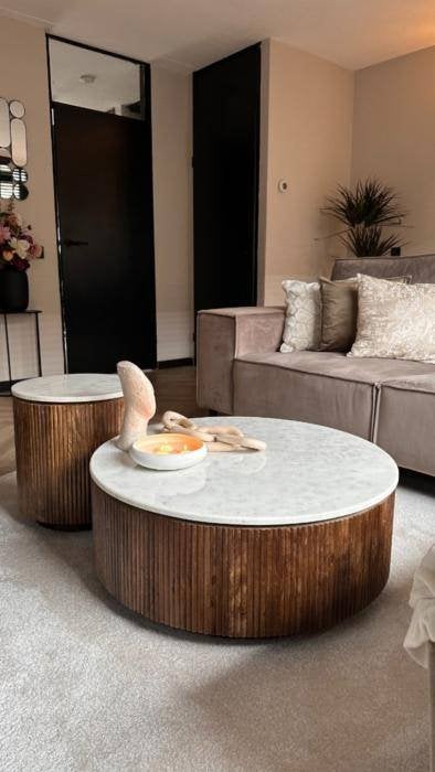 Salontafel hout en marmer, Ophalen, Modern en Japandi, Rond, 50 tot 100 cm