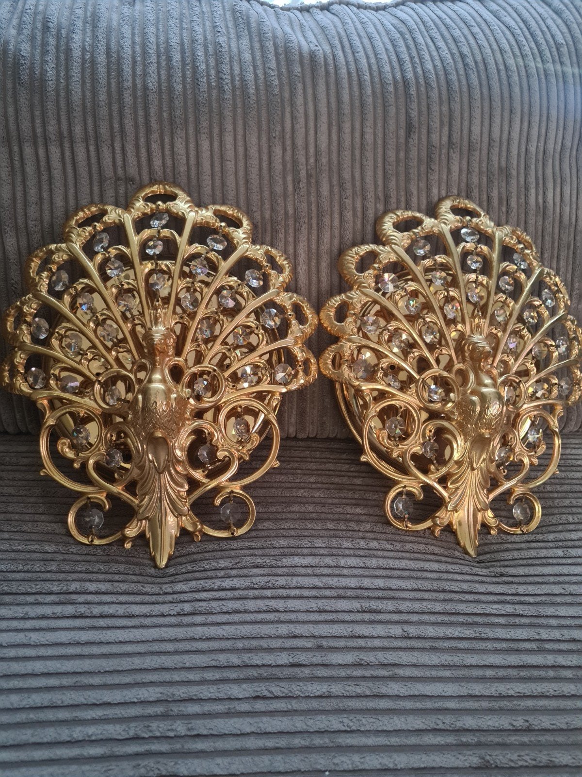 2x Luxe  vintage Gouden Pauw Wandlampen met Kristallen, Ophalen, Gebruikt, Overige fittingen, Wandlamp