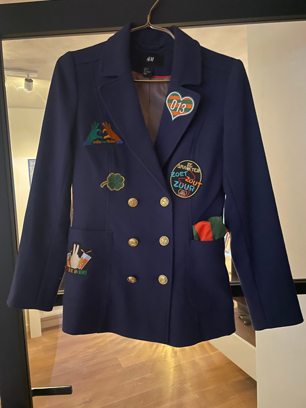 Blauw colbert met gouden knopen Carnaval/Kruikenstad, Carnaval, Ophalen of Verzenden, Kleding, Maat 34 (XS) of kleiner