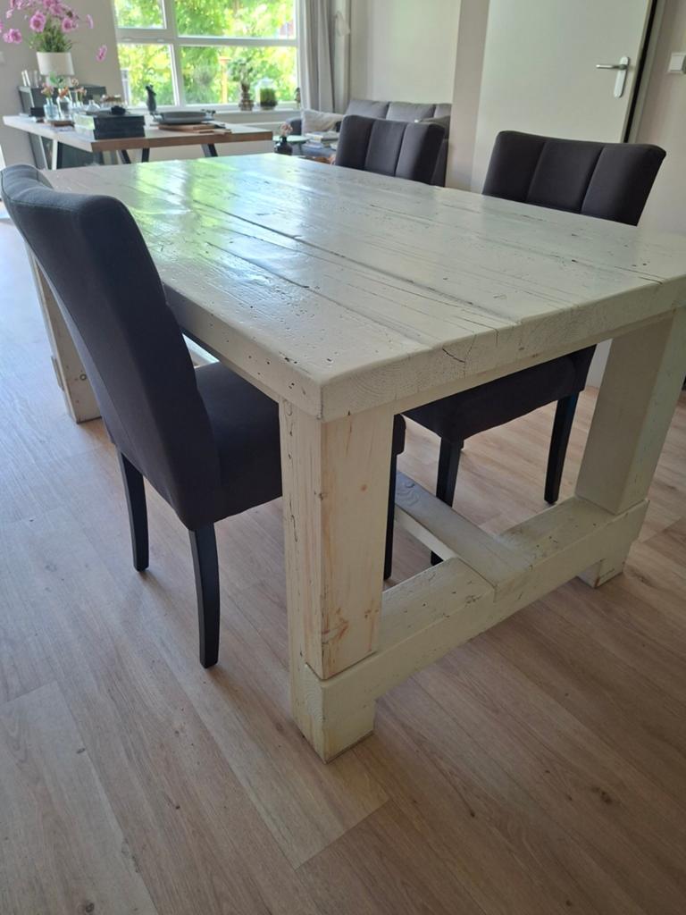 Robuuste houten eettafel 180x98cm,  antiek ivoor, Ophalen, Gebruikt, Landelijk, Robuust, 50 tot 100 cm