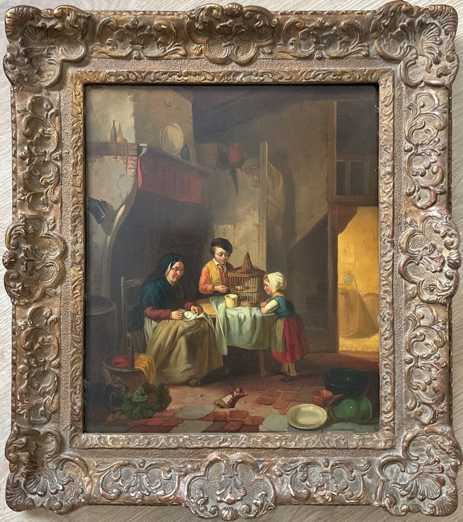 Ferdinand de Braekeleer (1792-1883) - Feeding the bird, Paneel, Ophalen of Verzenden, Gesigneerd, Olieverf