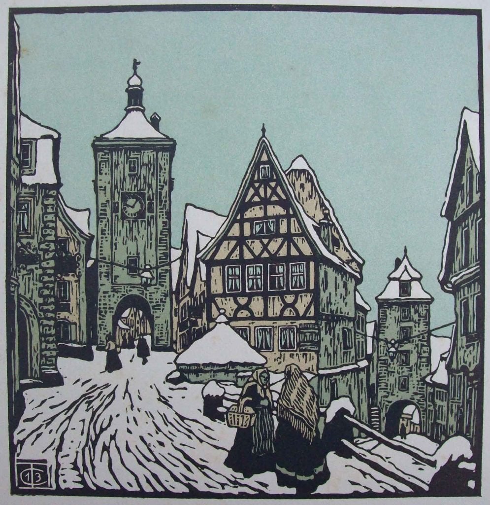 Carl Thiemann (1881-1966) Kleurenhoutsnede 'Stad met stadspo, Antiek en Kunst, Ophalen of Verzenden