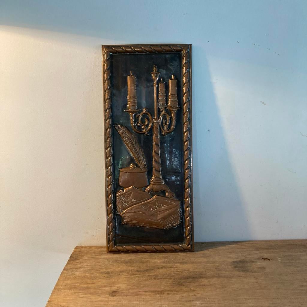 Vintage koperen muurplaat met kandelaar en inktpot, Ophalen of Verzenden
