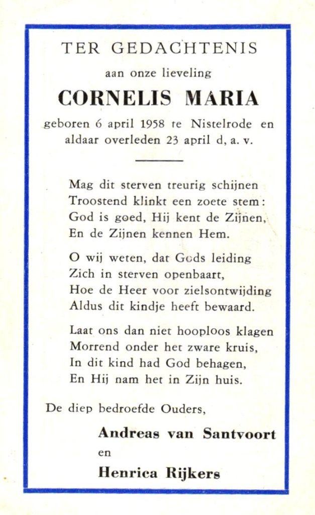 Santvoort van Cornelis Maria 1958 Nistelrode, Verzamelen, Bidprentjes en Rouwkaarten, Ophalen of Verzenden