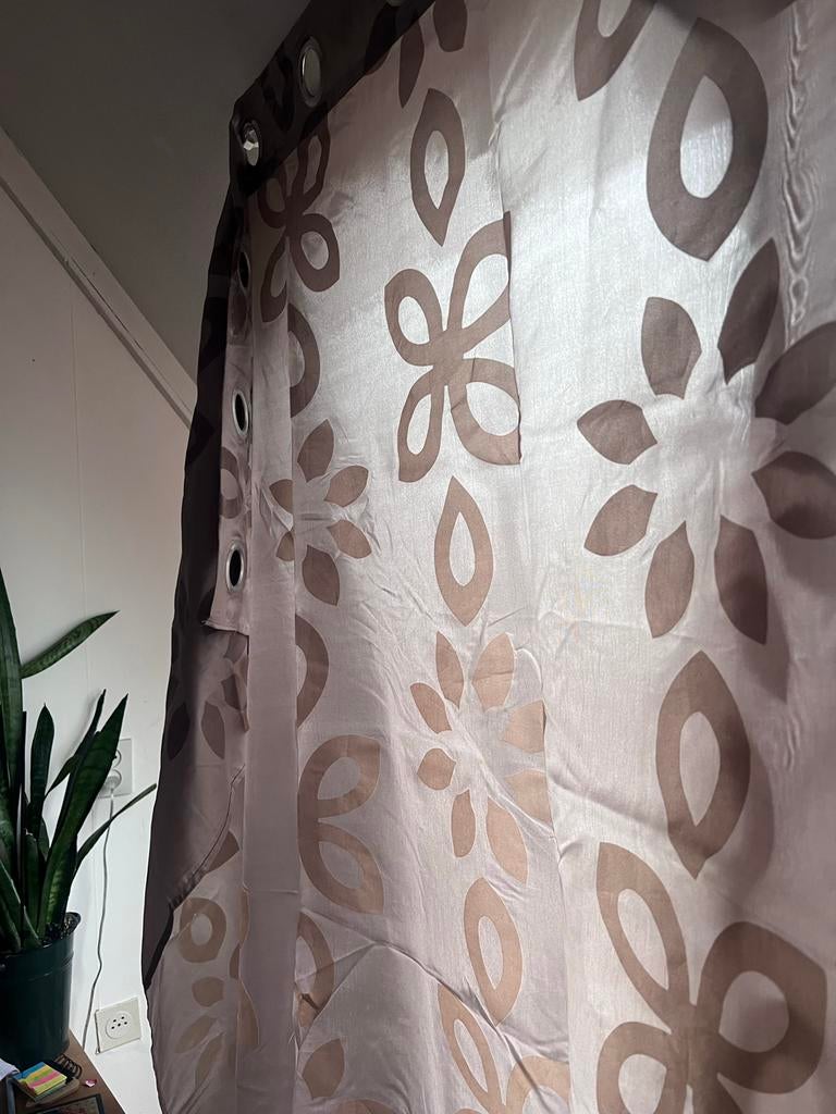6x Bruin taupe satijn gordijnen met velvet motieven, Gebruikt, 100 tot 150 cm, Bruin, 200 cm of meer