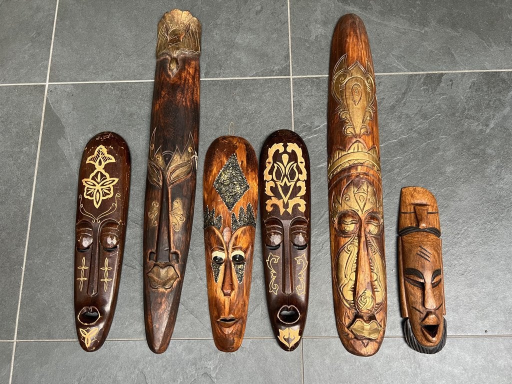 Houtsnijwerk maskers handwerk, Overige onderwerpen, Handgemaakt, 20 - 50 cm, Hout