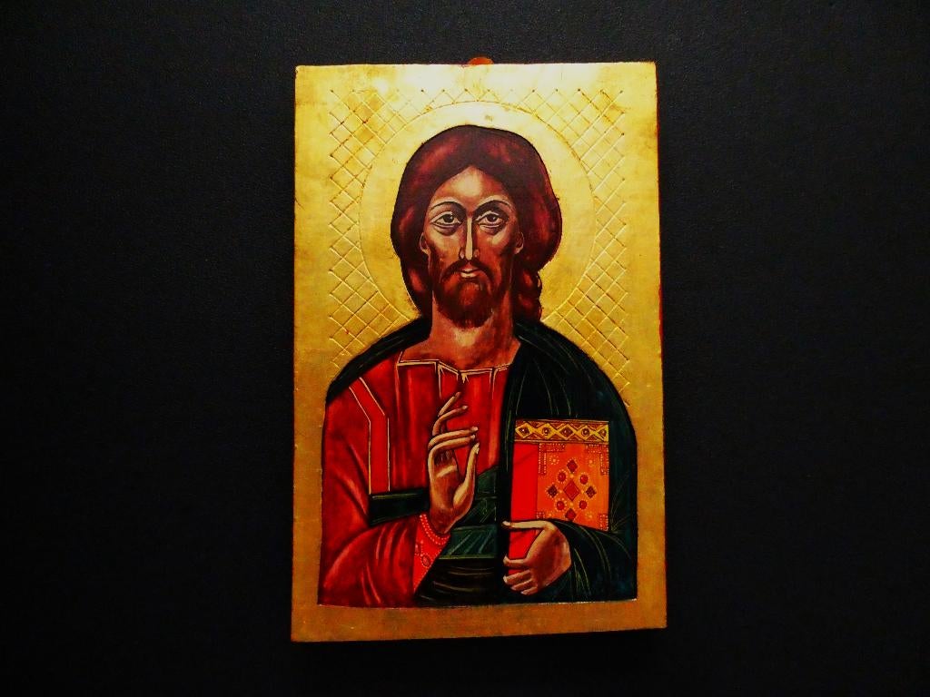 Icoon Jezus Christus Pantocrator handgeschilderd / bladgoud, Antiek en Kunst, Antiek | Religie, Ophalen of Verzenden