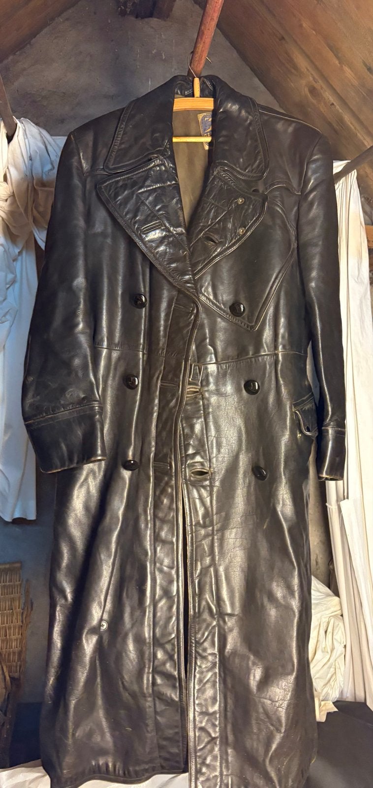 Vintage Gelmok Leren Trenchcoat - Donkerbruin, Ophalen, Gedragen, Maat 38/40 (M), Zwart