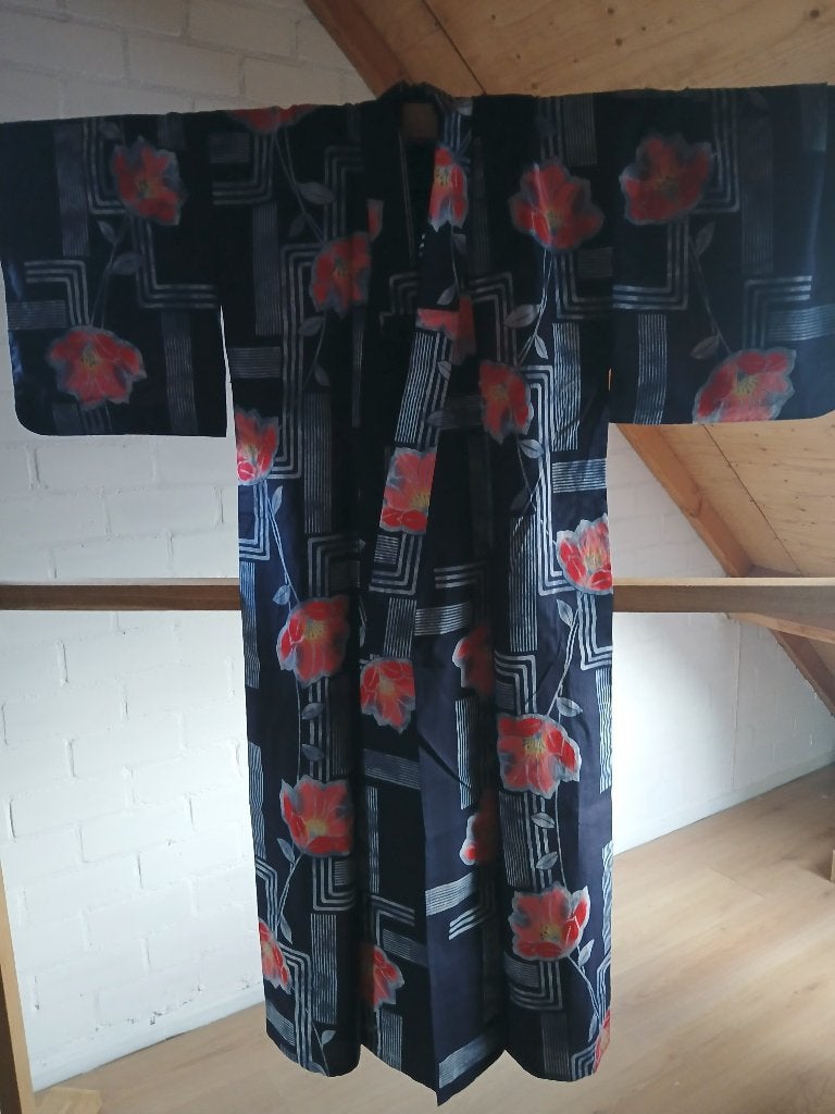 Traditionele Japanse yukata summer Kimono blue pink flower, Antiek en Kunst, Antiek | Kleding en Accessoires, Ophalen of Verzenden