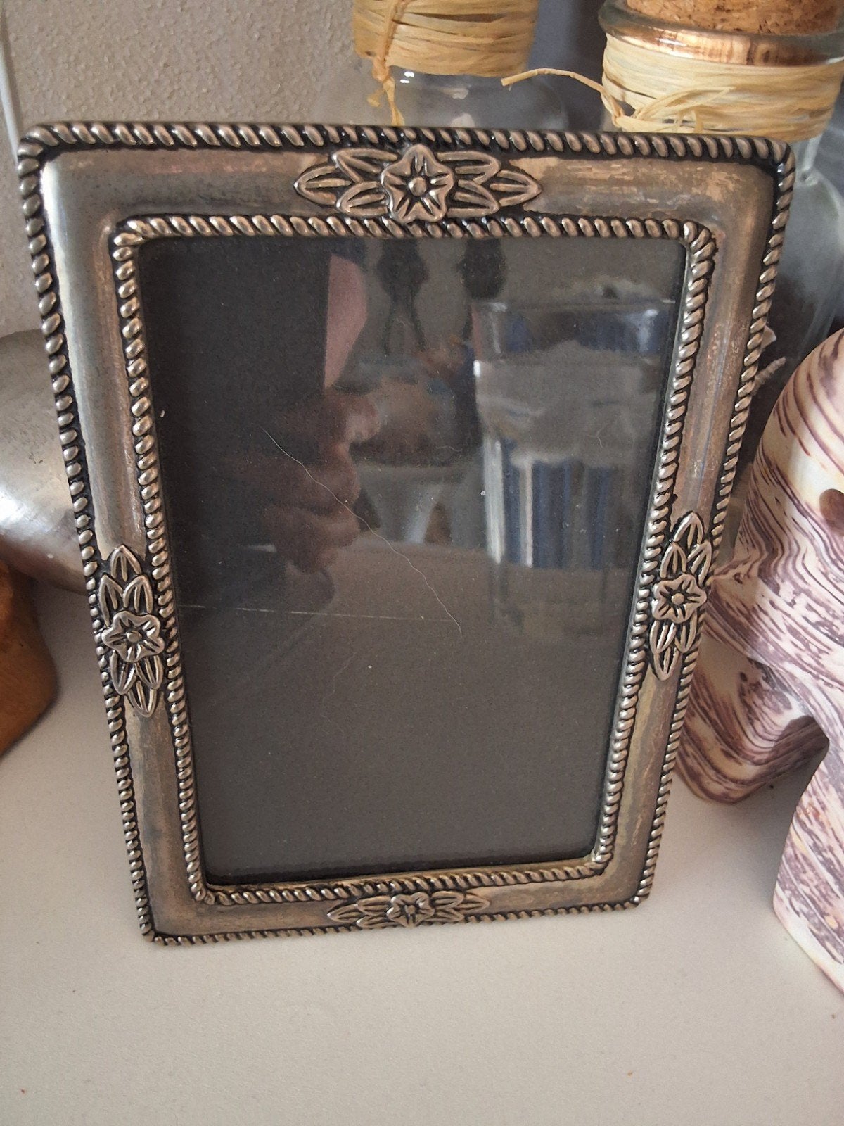 Zilverkleurige fotolijst met bloem details vintage, Gebruikt, Met glas, Ophalen of Verzenden, Fotolijst