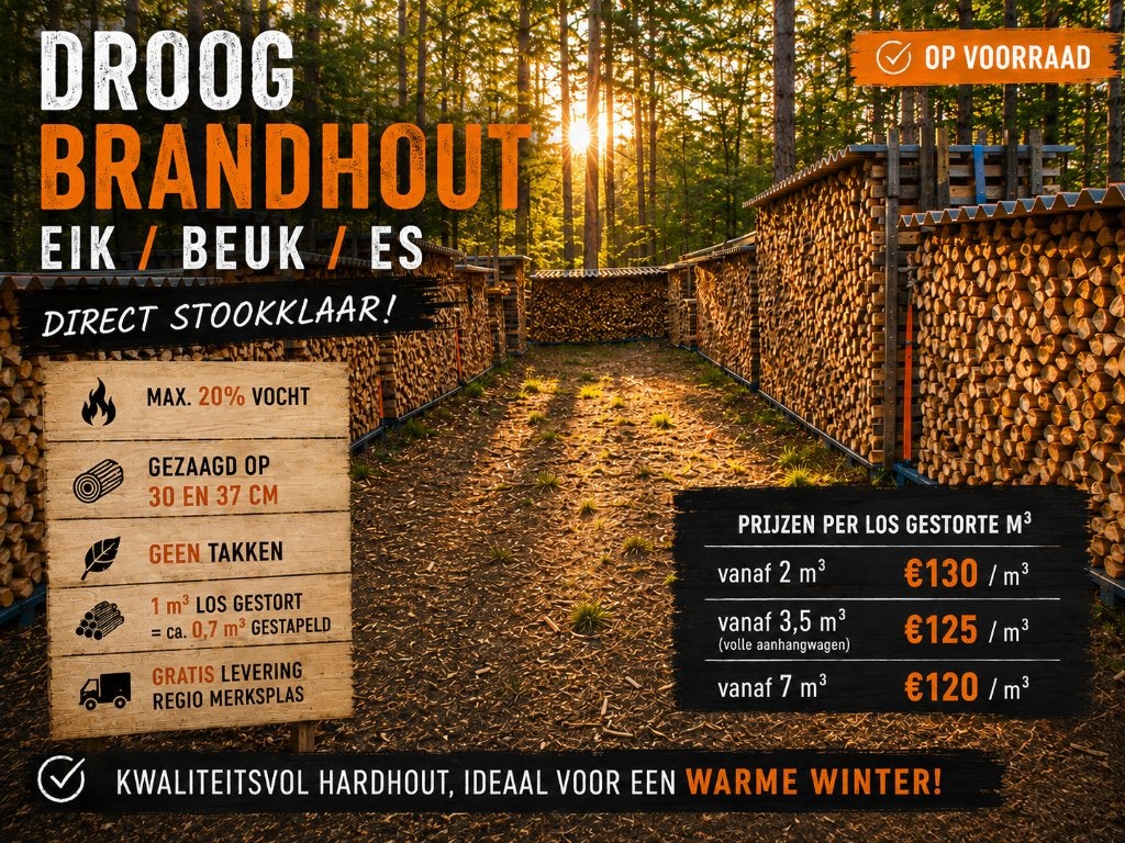 Droog brandhout eik • beuk • es - vanaf €120/m³, Minder dan 3 m³, Ophalen, Eikenhout, Blokken